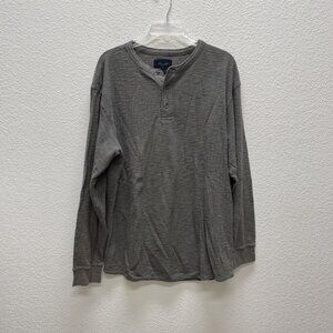 Mens Casual Henley Shirt Sz Large Waffle Knit Granddad V Neck Button Solid Gray
